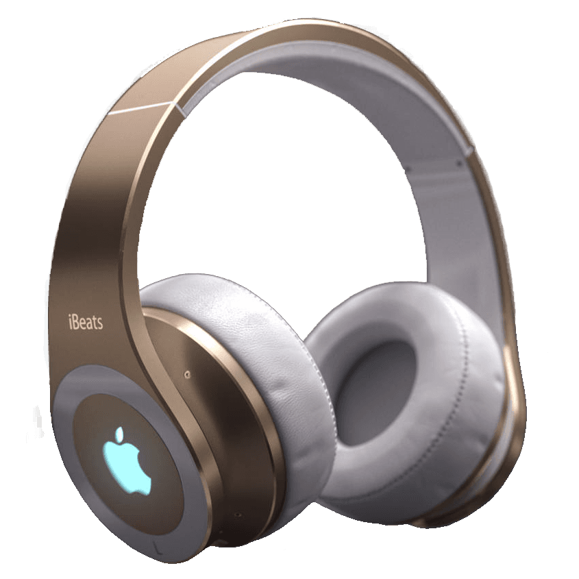 Gold and white over-ear headphones with an illuminated Apple logo on the earcup.