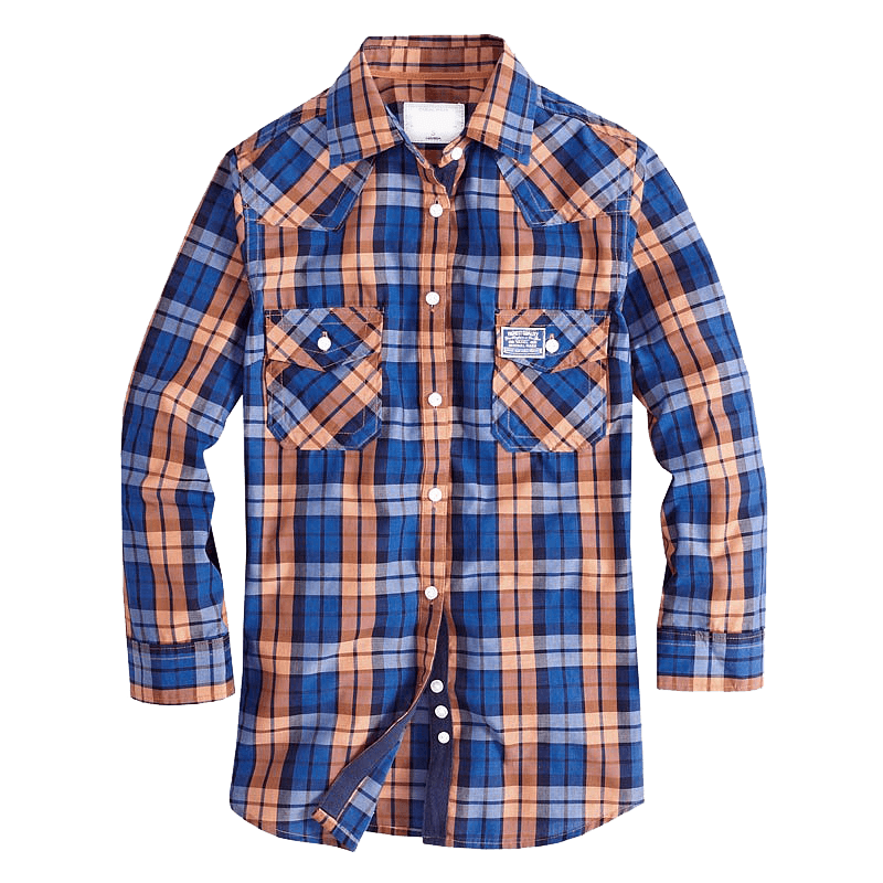Blue and brown plaid long-sleeve western shirt with snap buttons and chest pockets.