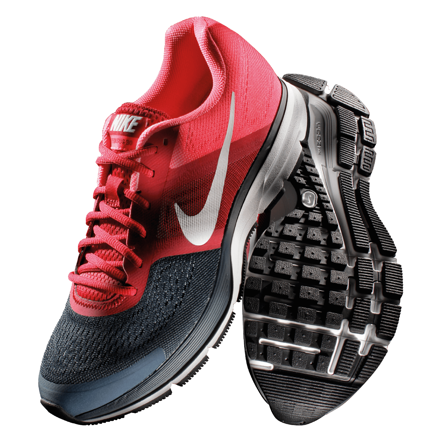 Pair of red, black, and white Nike running shoes, showing the side and sole.